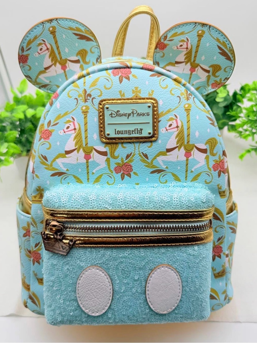 Loungefly Aqua Carousel Mouse Ear Mini Backpack with Gold Accents - Picture 10 of 10
